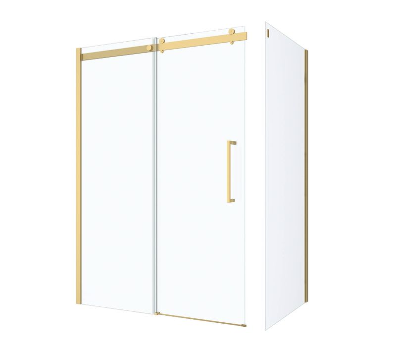 Pack Porte De Douche Coulissante 140x200cm Et Retour 90cm - Or Doré Brossé Et Verre Trempé 6mm