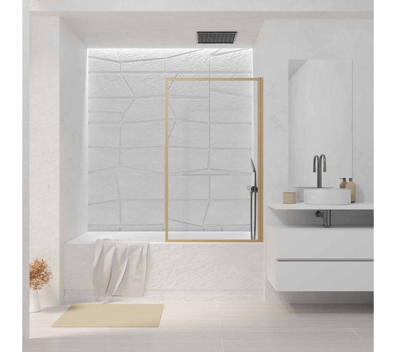 Pare Baignoire Rabattable 80x140 Cm - Cadre Aluminium Décor Bois - Verre Trempé Ondulé 4 Mm