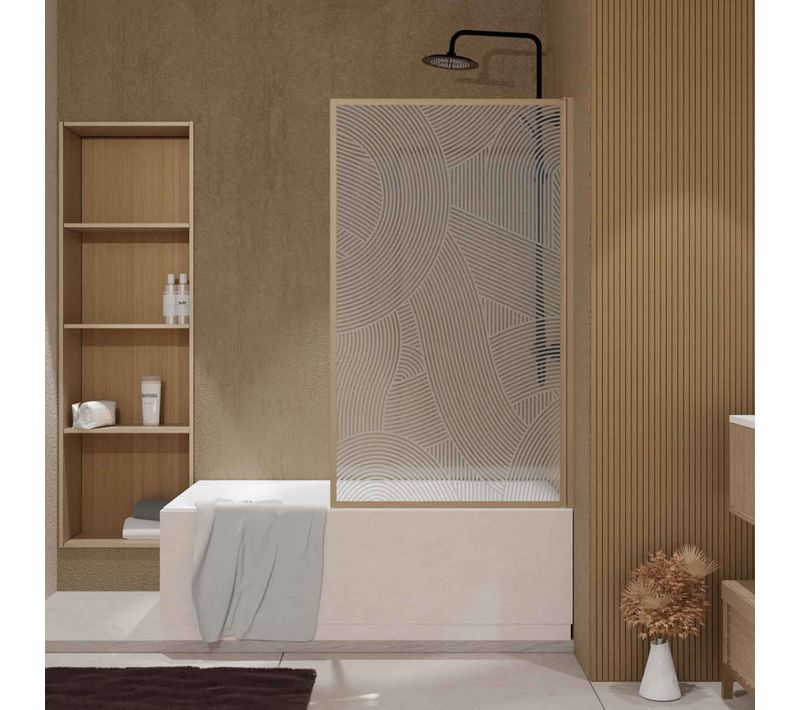 Pare Baignoire Pivotant 140x80 Cm Hinata - Style Japandi Courbes Douces Cadre Effet Bois - Verre 5mm
