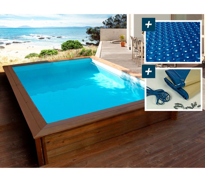 Piscine Bois Rectangle " Toledo "- 3.00 X 2.00 X 0.71 M - Bâche à Bulles 180 Μ - Bâche Hiver 280 G