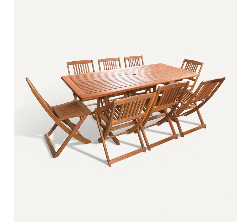 Table Et Chaises De Jardin En Bois Exotique "hongkong" - Table Fixe + 8 Chaises Pliantes