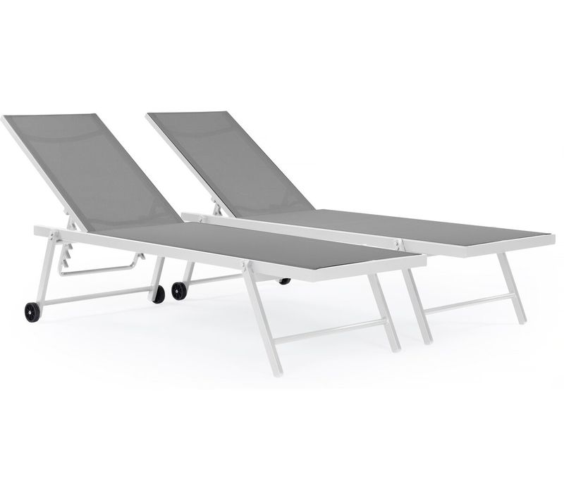 Lot De 2 Bains De Soleil Textilène Aluminium "jolia" - Gris / Blanc