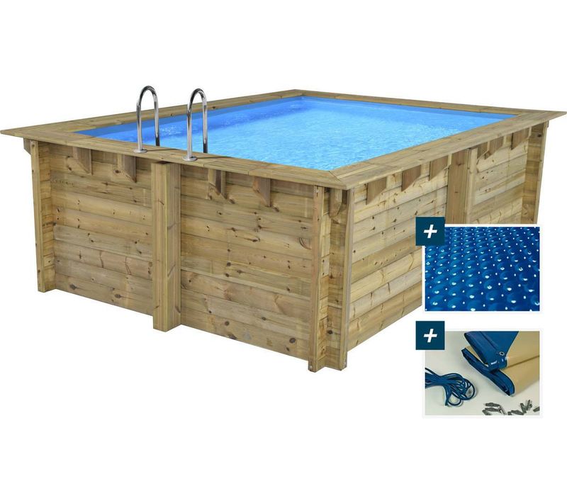 Piscine Bois Rectangle " Caimans 120  " - 4.10 X 3.00 X 1.24  M + Bâche à Bulles 180 Μ - Bâche Hiver