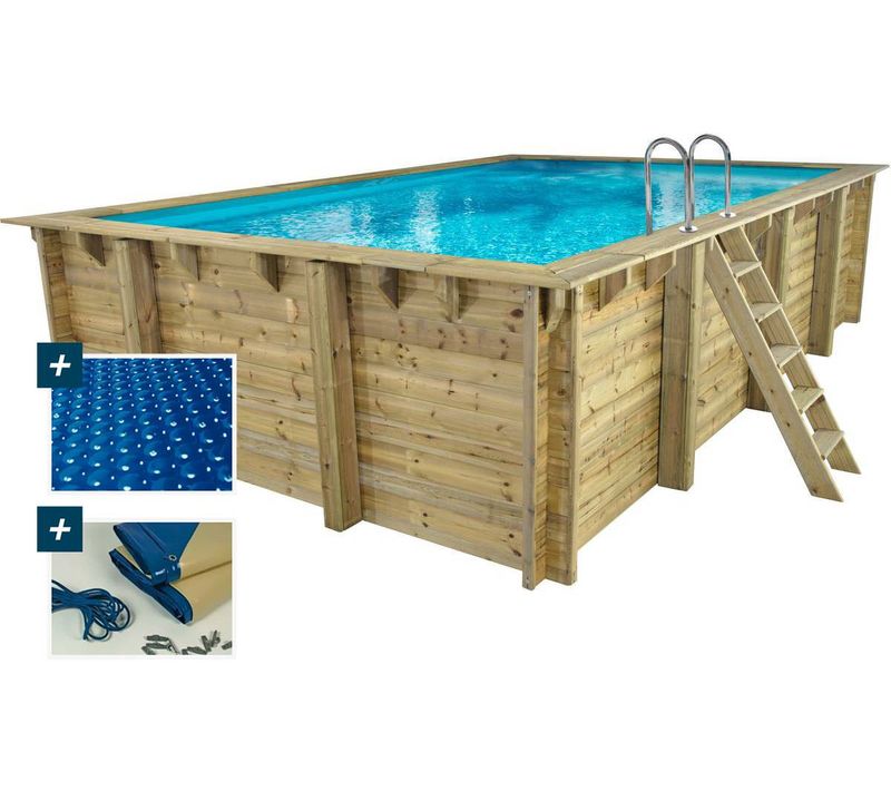 Piscine Bois Rectangle " Panama "- 6.20 X 4.10 X 1.45 M + Bâche à Bulles 180 Μ - Bâche Hiver 280 G/m