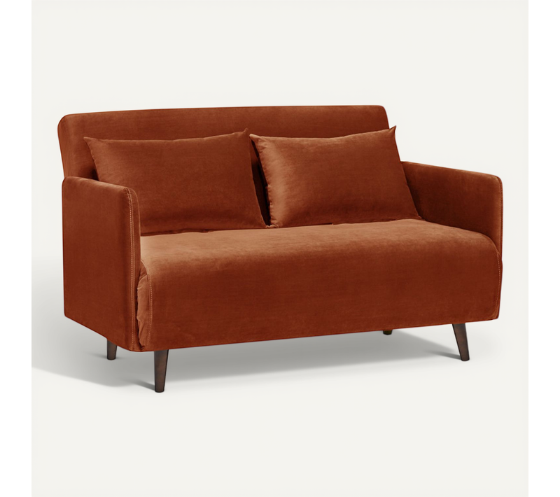 Canapé Convertible 2 Places En Velours Pieds Bois Foncé