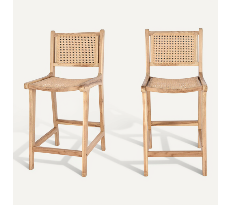 Basuki - Lot De 2 Tabourets De Bar En Teck Et Cannage H65cm - Bois Clair