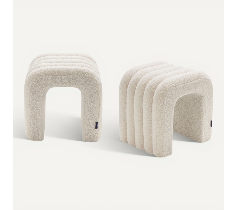 Lot De 2 Tabourets Rembourrés En Tissu Bouclette - Blanc