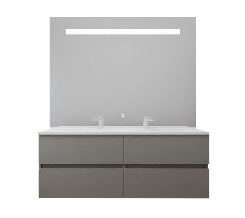 Meuble Double Vasque 140 Cm Rosaly Inox + Miroir Elégance Ht105- Gris- Plan Vasque En