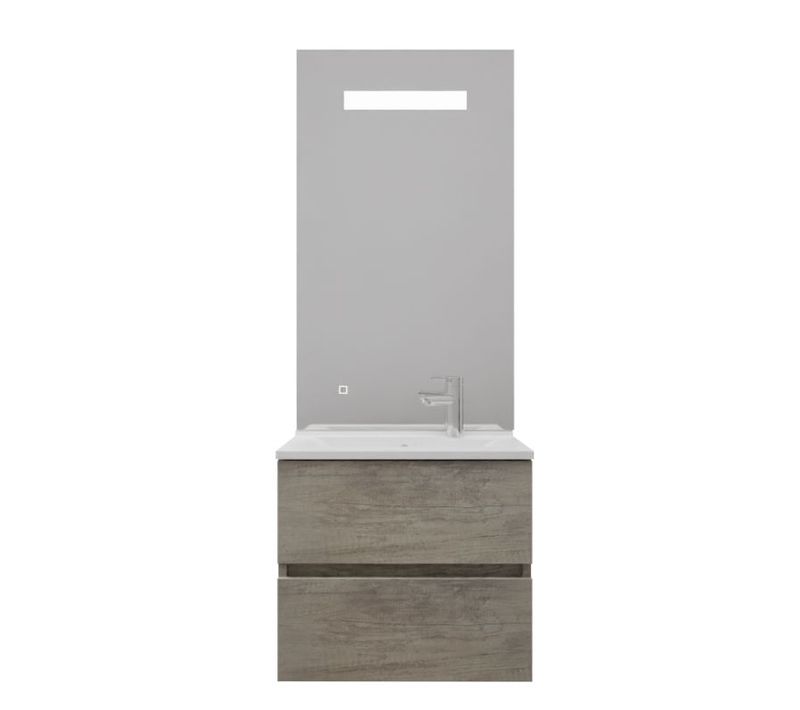 Meuble Vasque Rosaly Inox 60 Cm + Miroir Elégance Ht105- Bois- Plan Vasque En Résine