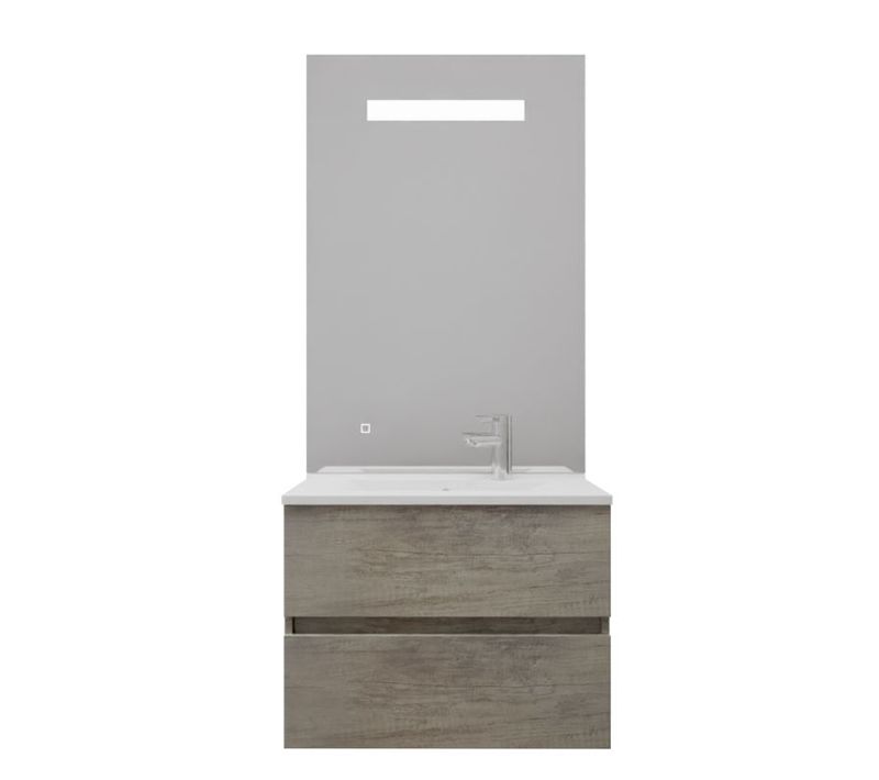 Meuble Vasque Rosaly Inox 70 Cm + Miroir Eleg Plus Ht105- Bois- Plan Vasque En Résine