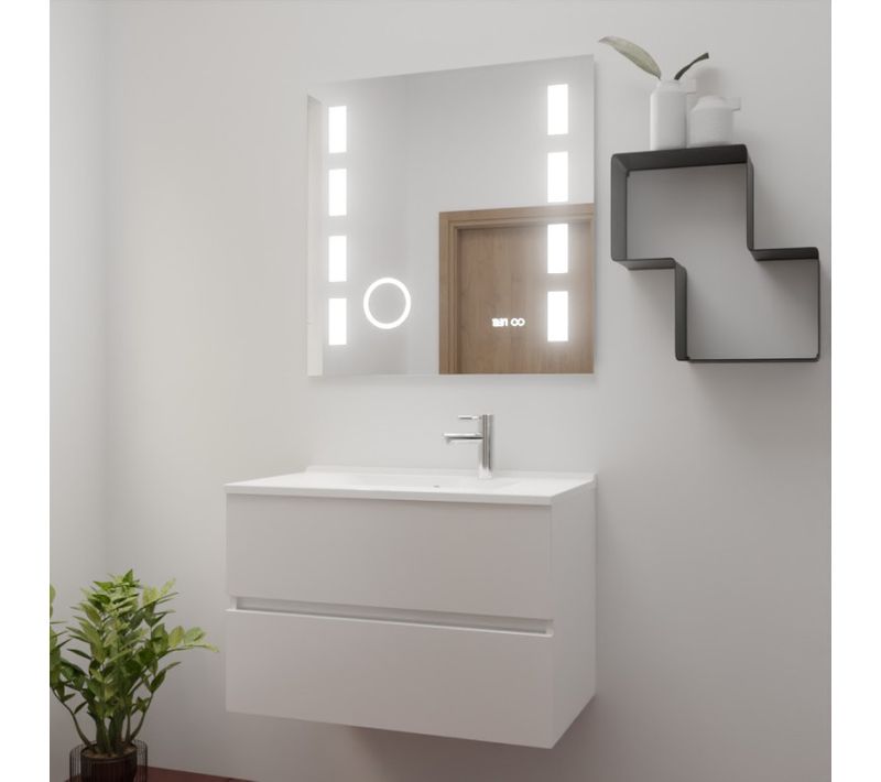 Meuble Vasque Rosaly Inox 80 Cm + Miroir Excell Plus- Blanc- Plan Vasque En Résine