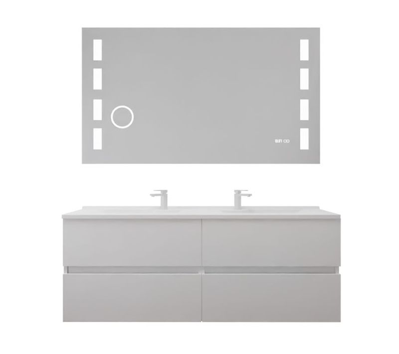Meuble Double Vasque 140 Cm Rosaly Inox + Miroir LED Excell Plus- Blanc- Plan Vasque En