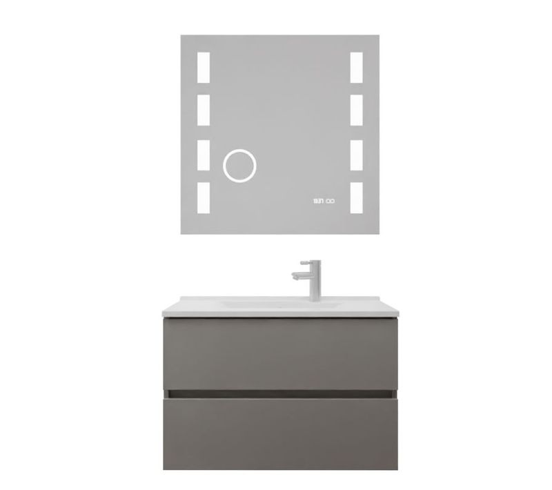 Meuble Vasque Rosaly Inox 80 Cm + Miroir Excell Plus- Gris- Plan Vasque En Résine