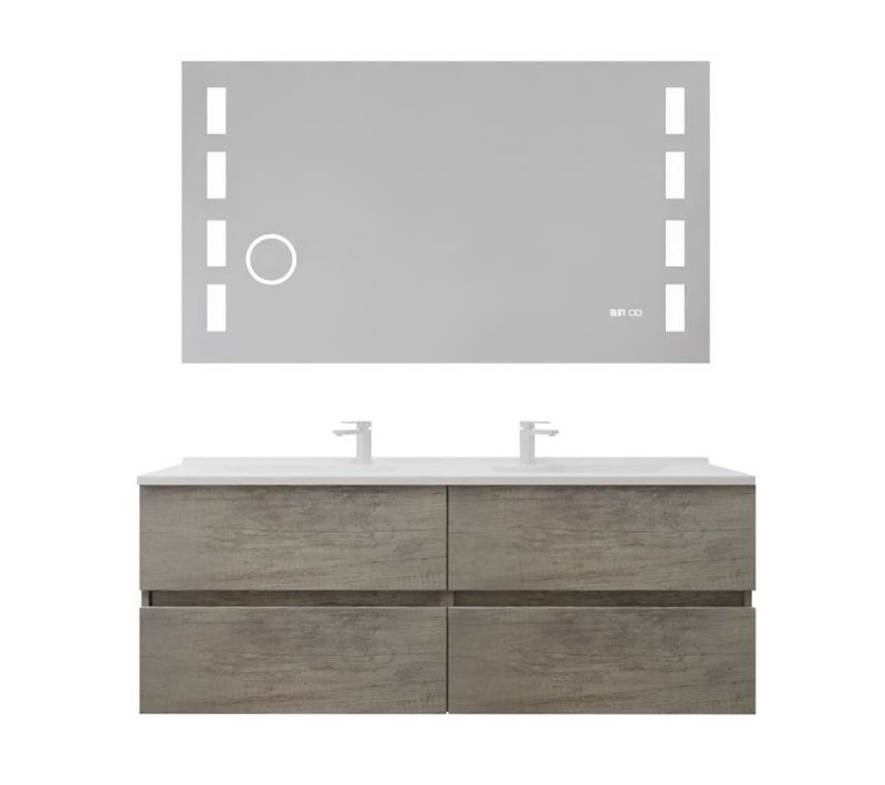 Meuble Double Vasque 140 Cm Rosaly Inox + Miroir LED Excell Plus- Bois- Plan Vasque En