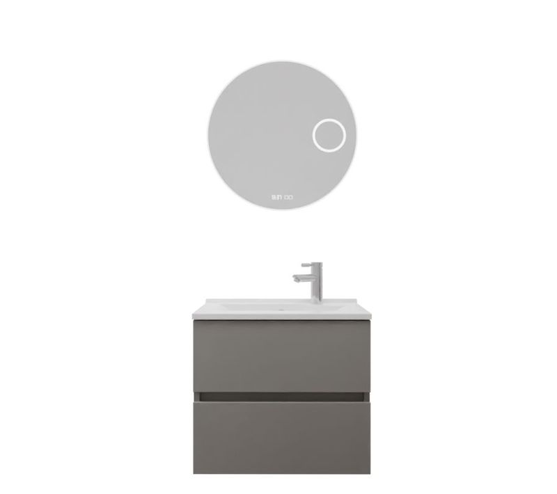 Meuble Vasque Rosaly Inox 60 Cm + Miroir Rondinara- Gris- Plan Vasque En Résine