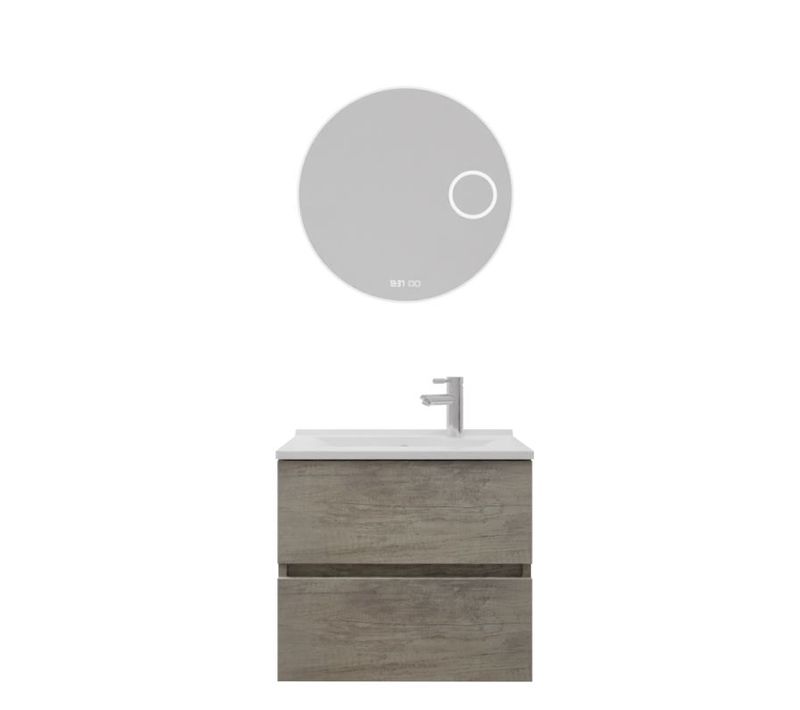 Meuble Vasque Rosaly Inox 60 Cm + Miroir Rondinara- Bois- Plan Vasque En Résine