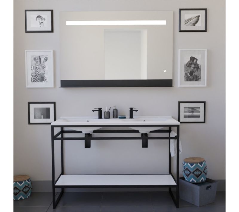 Ensemble Structura 120 Cm Avec Plan Double Vasque Et Miroir LED Etal- Résine - Blanc