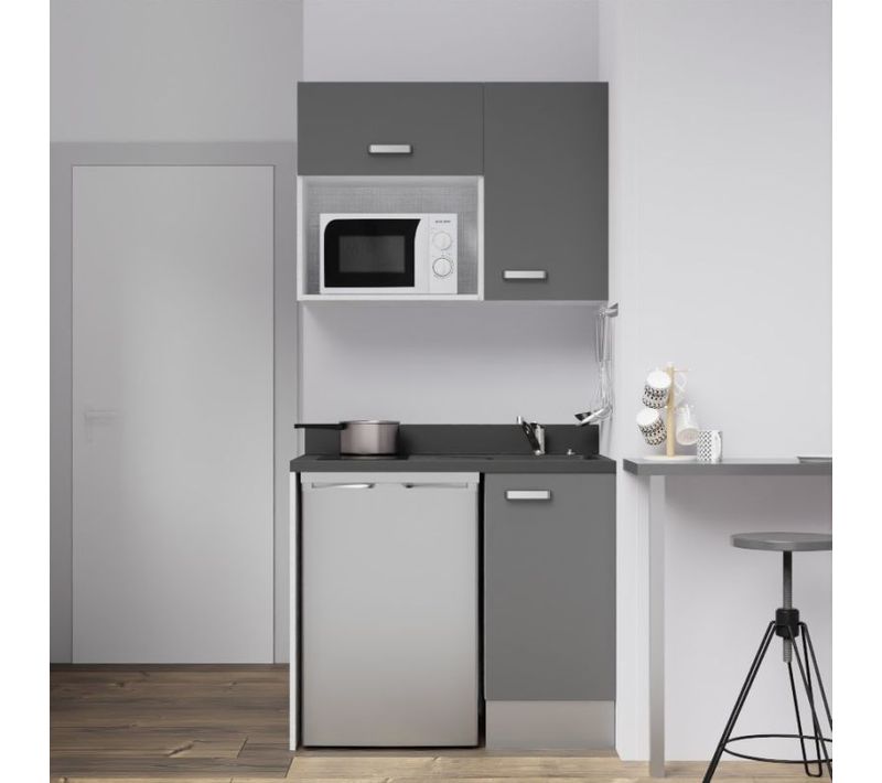 Kitchenette K00l - 100 Cm - Emplacements Frigo Top Et Micr Gris - Nero - Évier à Droite