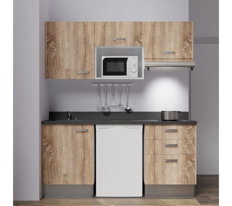 Kitchenette K20l - 180 Cm - Emplacements Frigo, Micro-onde Bois - Nero - Évier à Gauche