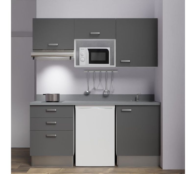 Kitchenette K20l - 180 Cm - Emplacements Frigo, Micro-onde Gris - Cromo - Évier à Droite