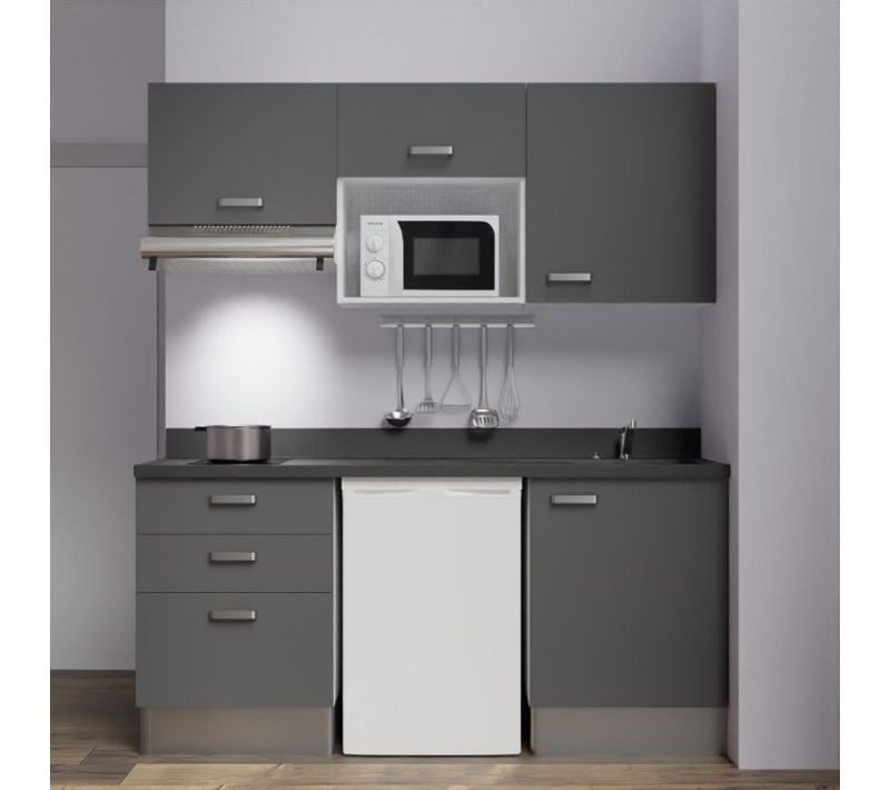 Kitchenette K20l - 180 Cm - Emplacements Frigo, Micro-onde Gris - Nero - Évier à Droite