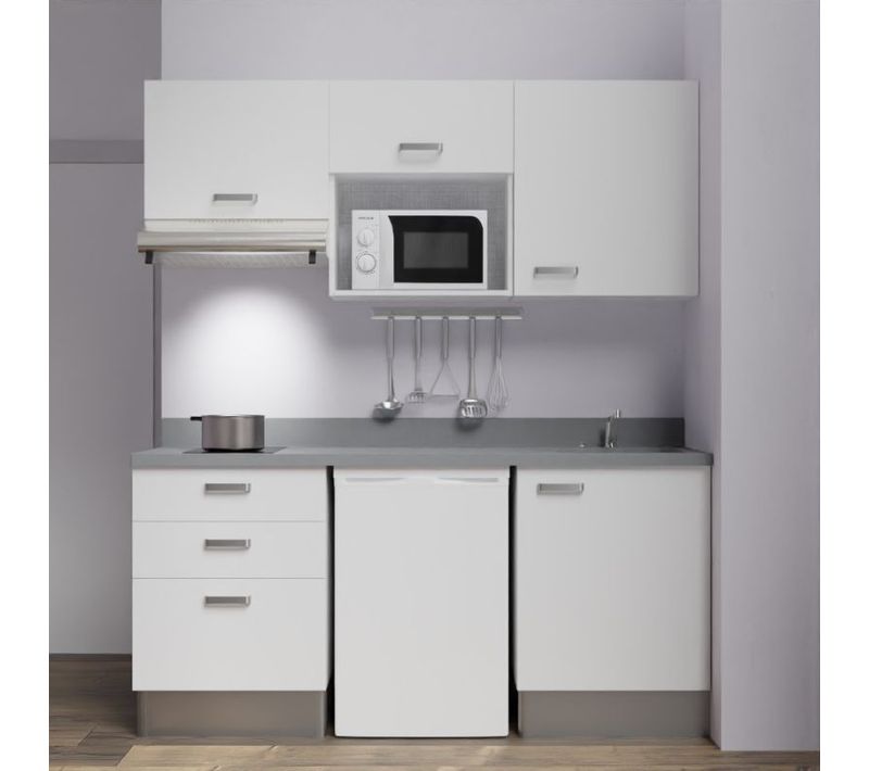 Kitchenette K20l - 180 Cm - Emplacements Frigo, Micro-onde Blanc - Cromo - Évier à Droite