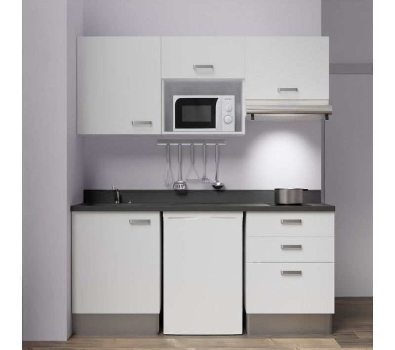 Kitchenette K20l - 180 Cm - Emplacements Frigo, Micro-onde Blanc - Nero - Évier à Gauche