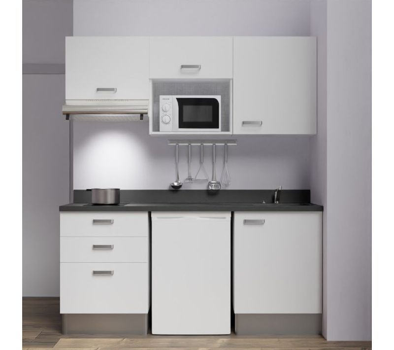 Kitchenette K20l - 180 Cm - Emplacements Frigo, Micro-onde Blanc - Nero - Évier à Droite