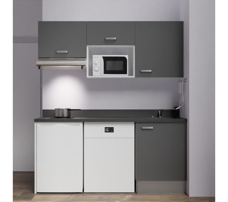 Kitchenette K55 - Gris - Plan Monobloc Nero Évier à Droite