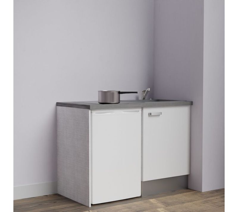 Kitchenette K08 - Blanc - Plan Stratifié Gris Béton - Crédences : Non - Evier Gris