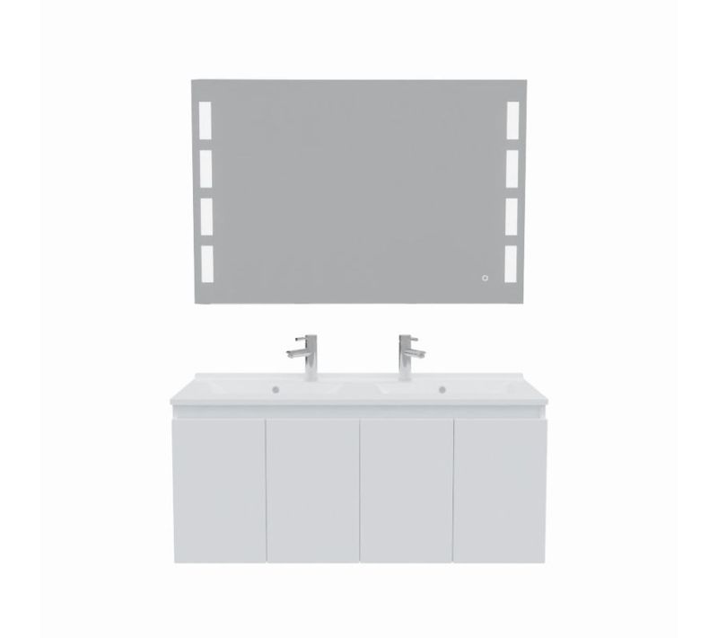Meuble Proline 120 Cm Avec Plan Double Vasque Et Miroir Prestige- Blanc- Résine