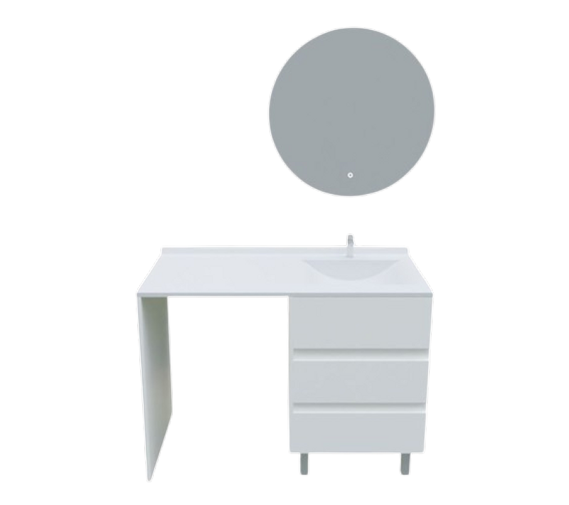 Meuble Lave-linge Kora Avec Plan Vasque Déportée + Miroir Rond Fazzio- Blanc- Vasque à Droite
