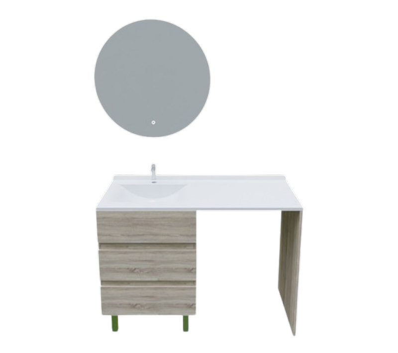 Meuble Lave-linge Kora Avec Plan Vasque Déportée + Miroir Rond Fazzio- Bois- Vasque à Gauche