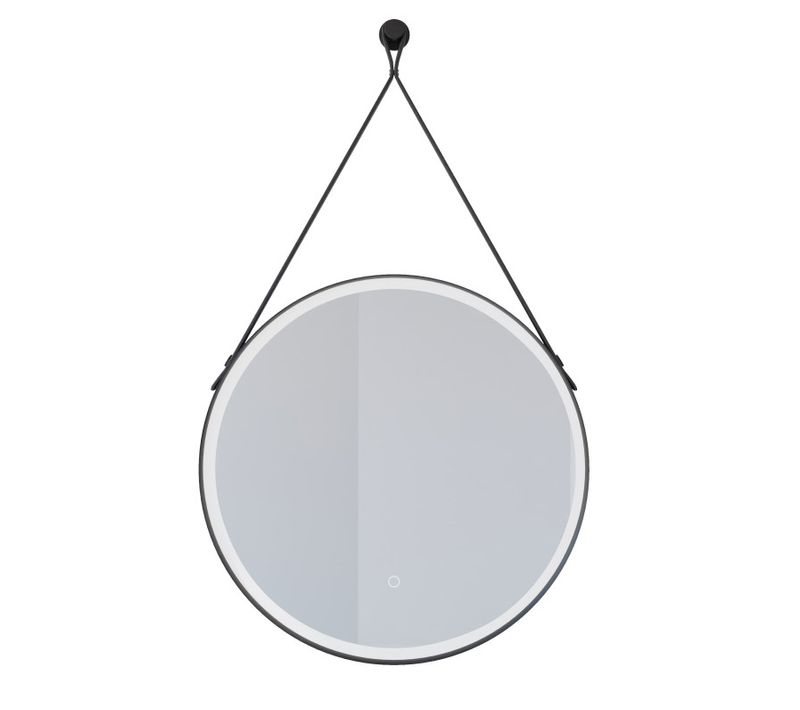 Miroir Lumineux Rond Antibuée Avec Lanière Cuir Et Cadre Noir Ring 60 Cm