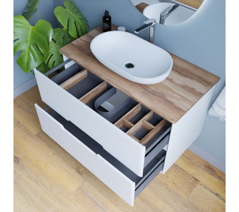 Meuble Salle De Bain Klass 100 Cm Avec Vasque à Poser Et Miroir LED - Blanc Et Bois