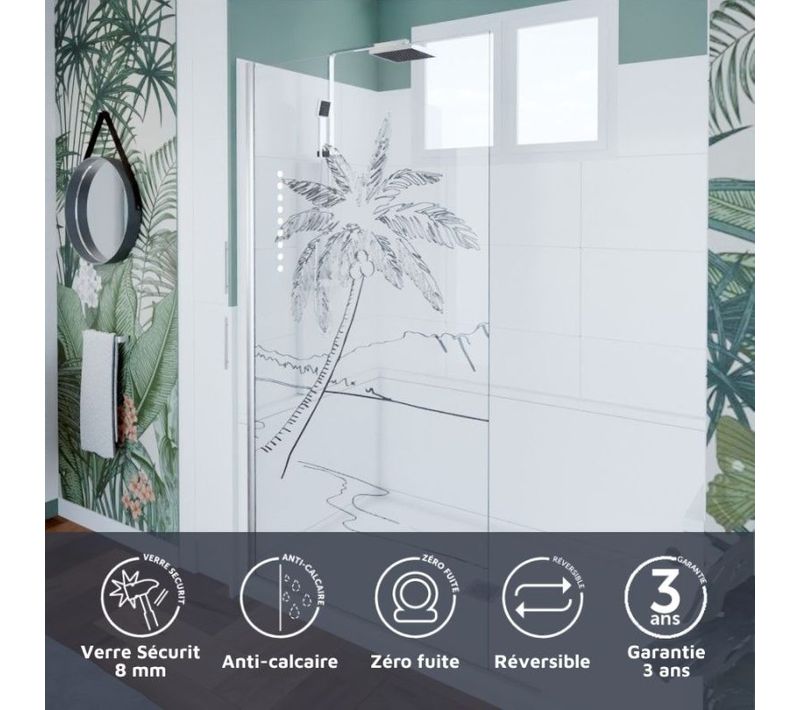 Paroi De Douche Verre Transparent Avec Dessin Mer Et Palmier Palma 100 Cm