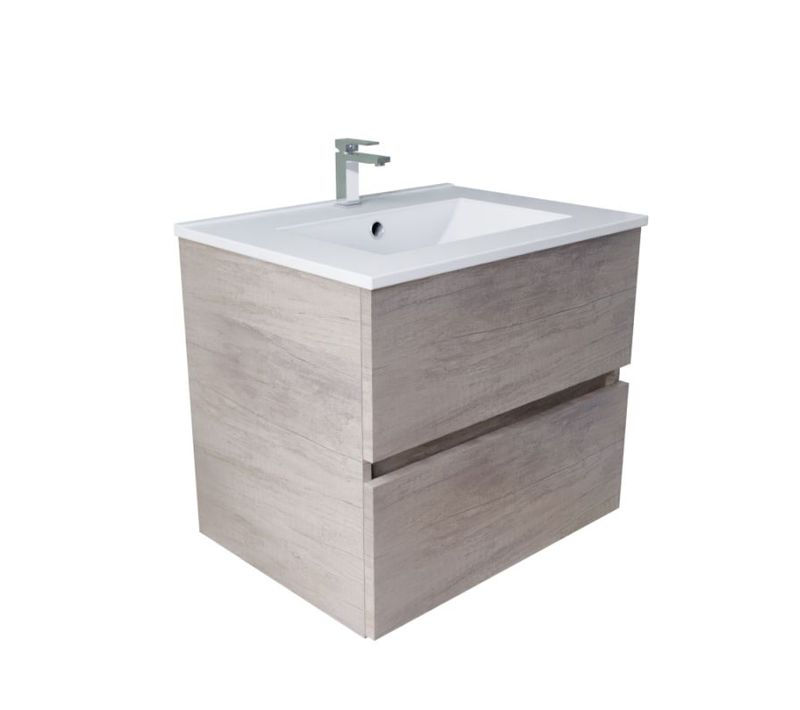 Meuble Salle De Bain Suspendu 60 Cm Rosaly Inox- Bois- Plan Vasque En Céramique