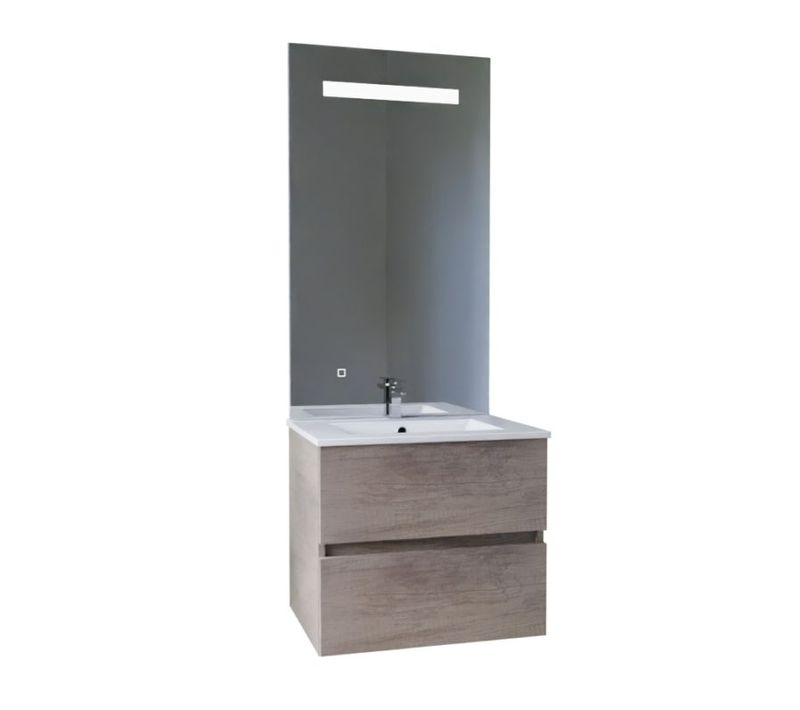 Meuble Vasque Rosaly Inox 60 Cm + Miroir Elégance Ht105- Bois- Plan Vasque En Céramique