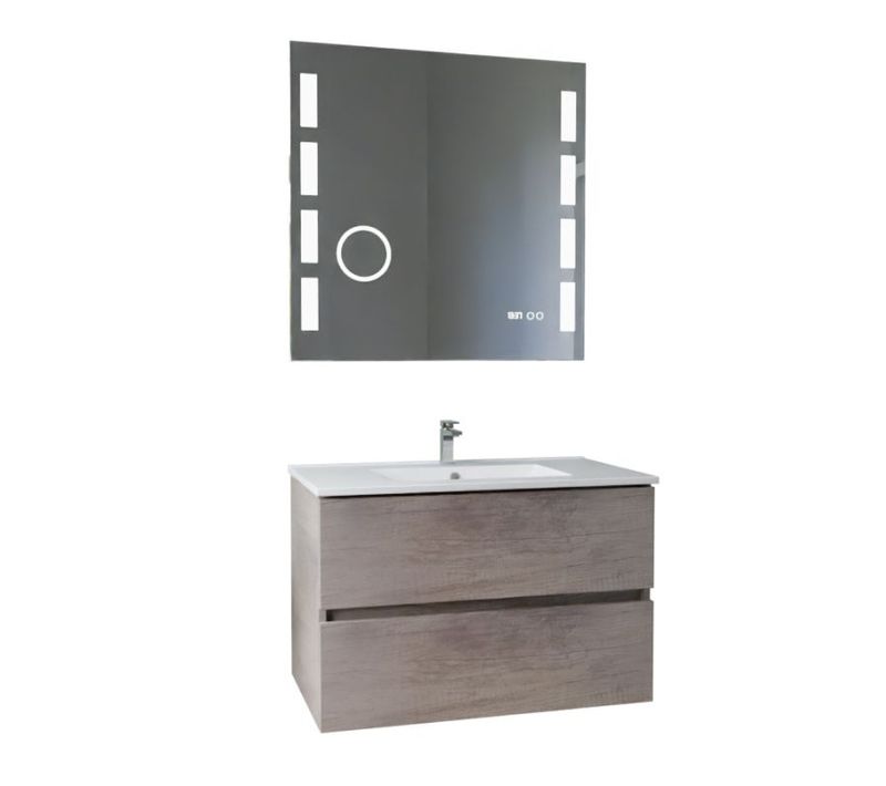 Meuble Vasque Rosaly Inox 80 Cm + Miroir Excell Plus- Bois- Plan Vasque En Céramique