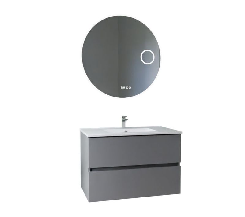 Meuble Vasque Rosaly Inox 80 Cm + Miroir Rondinara- Gris- Plan Vasque En Céramique