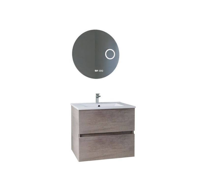 Meuble Vasque Rosaly Inox 60 Cm + Miroir Rondinara- Bois- Plan Vasque En Céramique