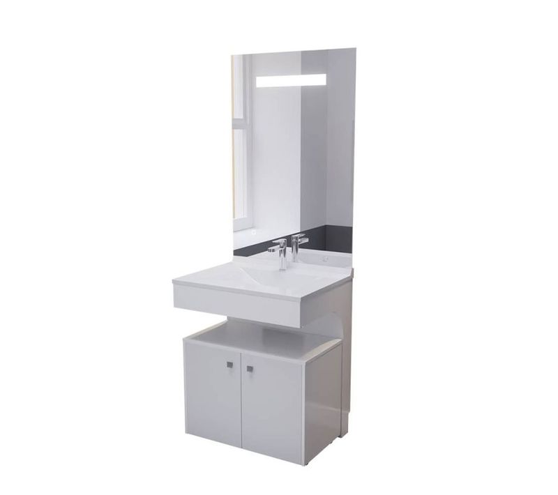 Meuble Vasque Pmr Epure 70 Cm Avec Miroir LED Eleg Plus Et Caisson Roulant - Blanc Brillant