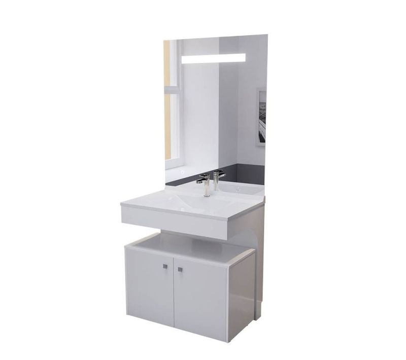 Meuble Vasque Pmr Epure 80 Cm Avec Miroir LED Elégance Et Caisson Roulant - Blanc Brillant