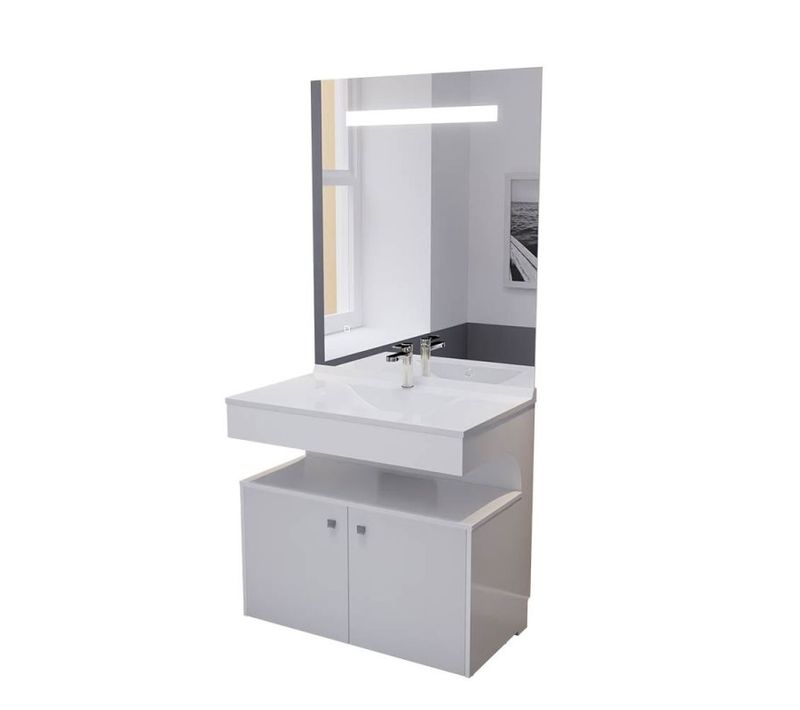 Meuble Vasque Pmr Epure 90 Cm Avec Miroir LED Elégance Et Caisson Roulant - Blanc Brillant