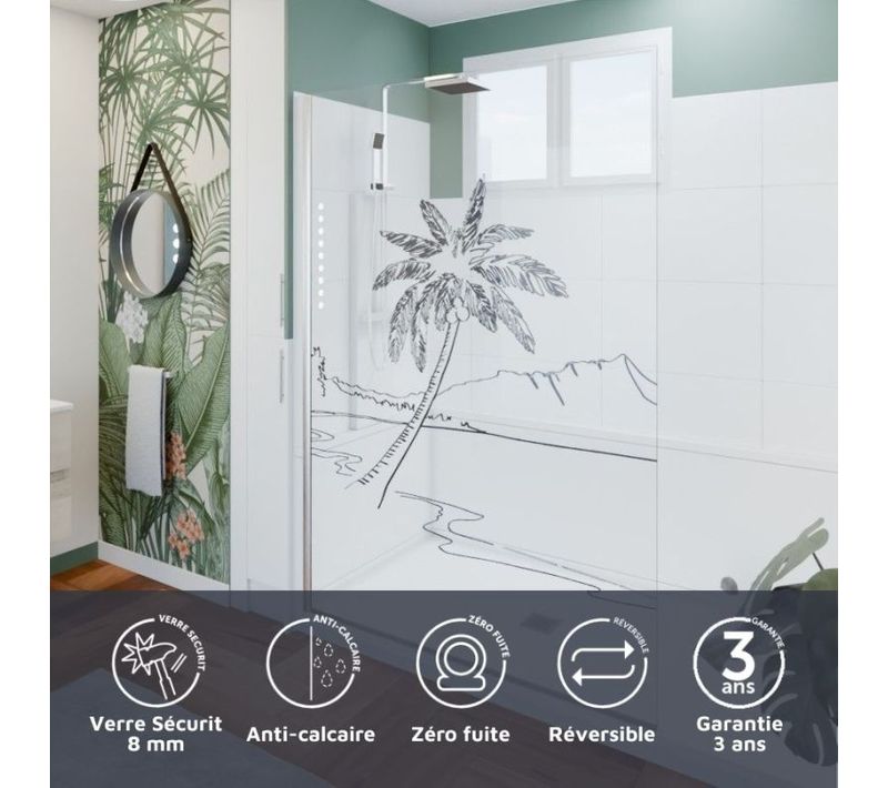 Paroi De Douche Verre Transparent Avec Dessin Mer Et Palmier Palma 140 Cm