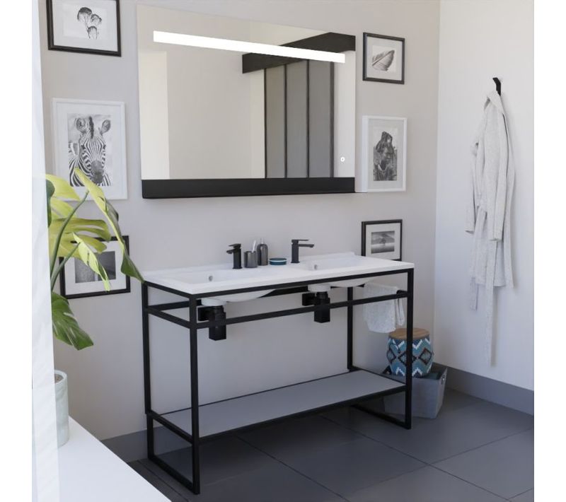 Ensemble Structura 120 Cm Avec Plan Double Vasque Et Miroir LED Etal- Résine - Gris