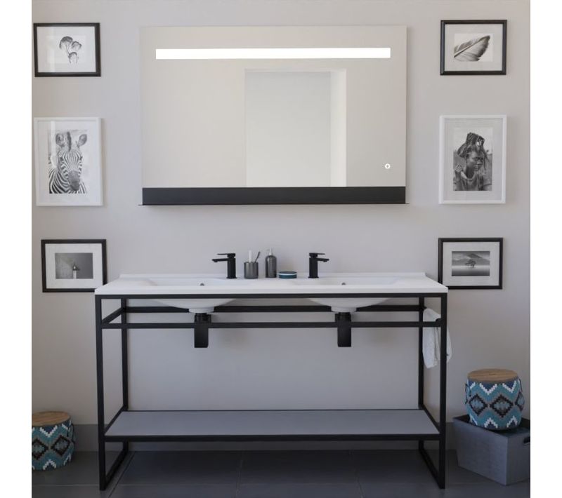 Ensemble Structura 140 Cm Avec Plan Double Vasque Et Miroir LED Etal- Plan Stratifié Gris