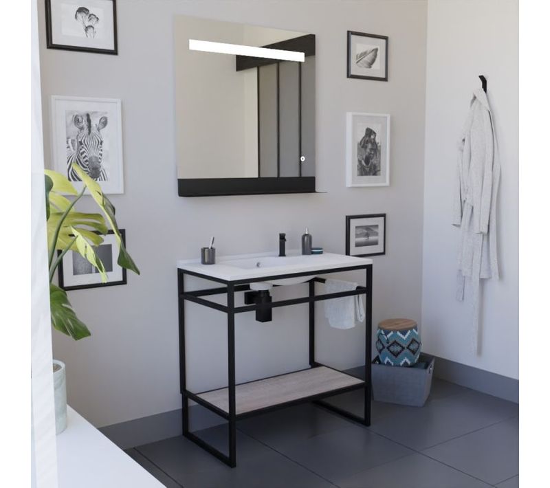 Ensemble Structura 80 Cm Avec Plan Vasque Et Miroir LED Etal- Résine - Bois