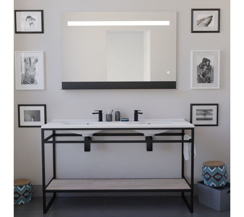 Ensemble Structura 140 Cm Avec Plan Double Vasque Et Miroir LED Etal- Plan Stratifié Bois