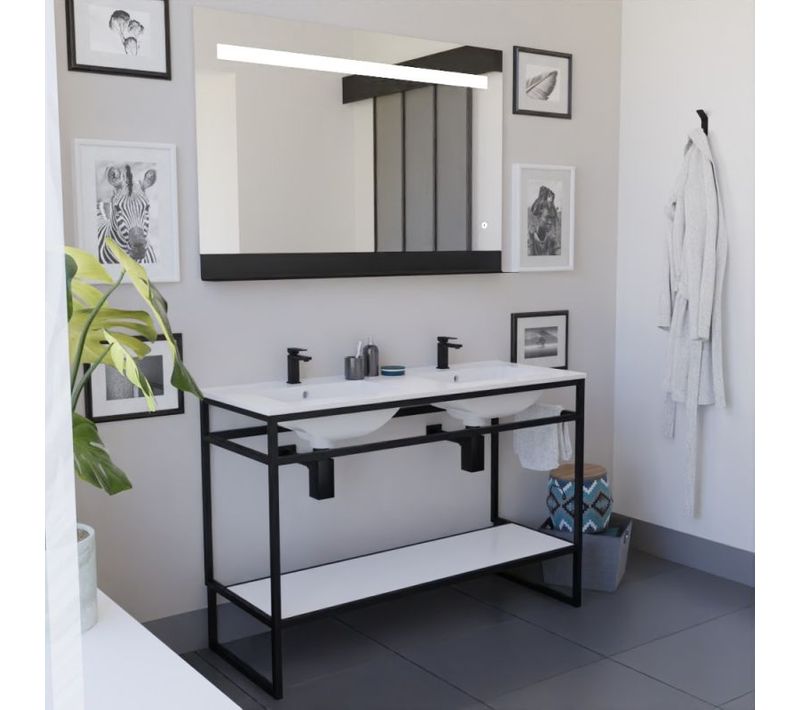 Ensemble Structura 120 Cm Avec Plan Double Vasque Et Miroir LED Etal- Céramique - Blanc